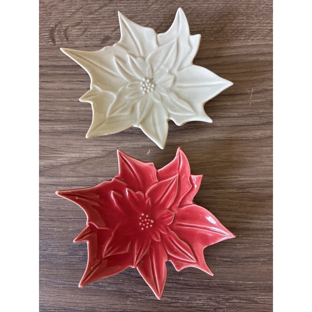 Poinsettia Ceramic Spoon Holder, Teabag, Decorative Dish, Christmas, Red, Blue